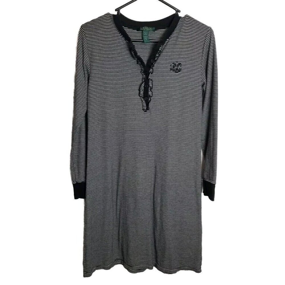 Lauren Ralph Lauren‎ Pajama Sleep Shirt Small Black White Stripe Jersey Knit